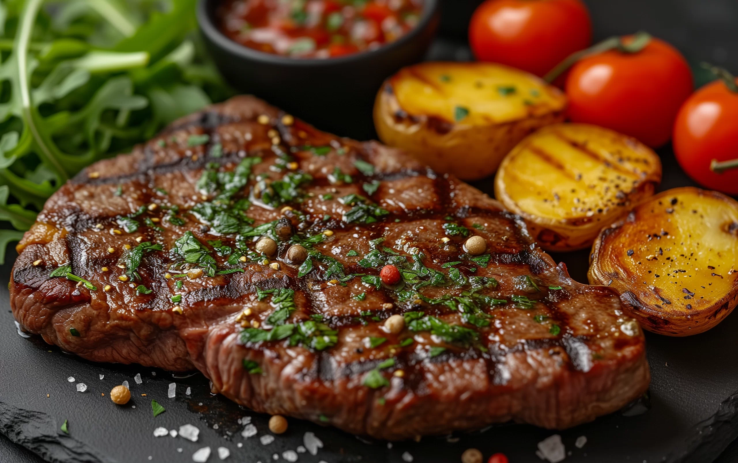 A close-up view of a perfect steak with grill marks, sizzling over charcoal flames on an outdoor grill, surrounded by rosemary sprigs and garlic cloves.